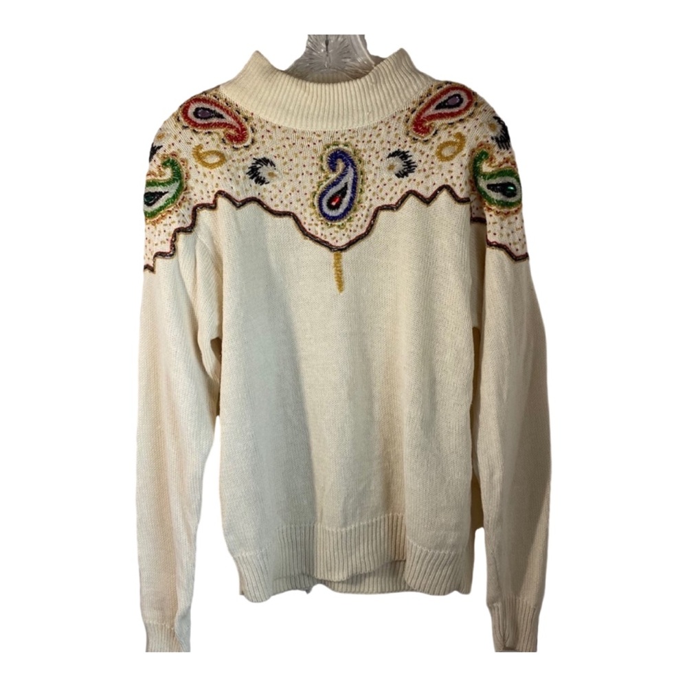 Vintage 80s Medium Beige Beaded Paisley Swtr‎